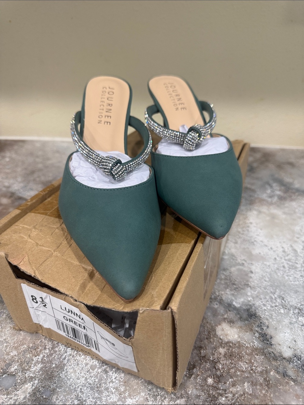 Journee Collection Teal Pointed-Toe Mules with Rhinestone Knot